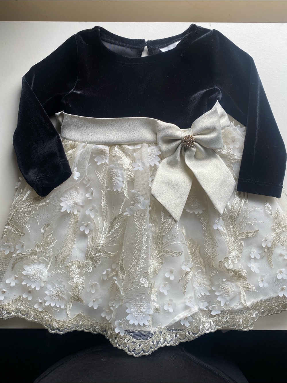 Rare Editions Black and Ivory Velvet Floral Lace Dress with Bow